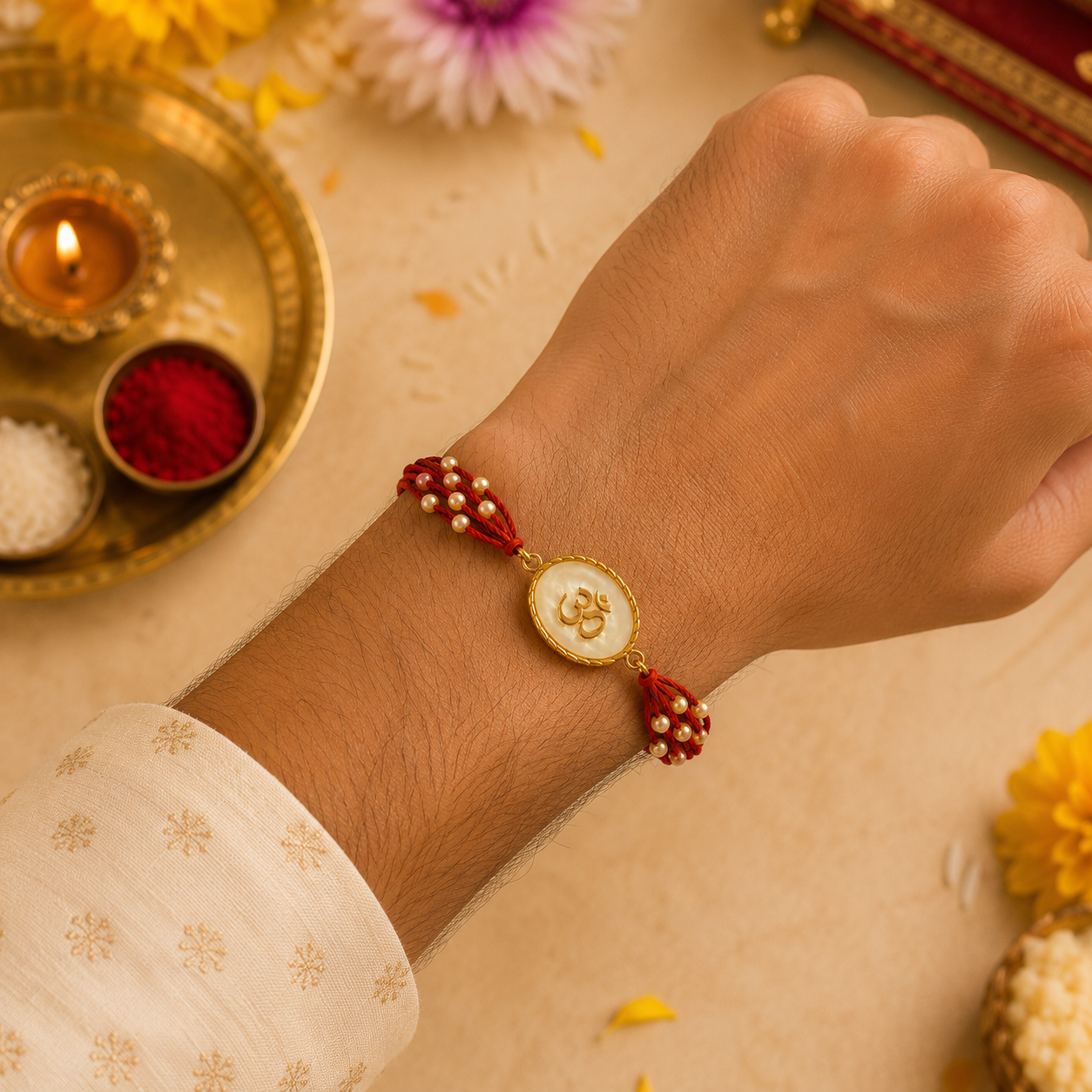 Divine Om Pearl Rakhi Collection – Set of 3 Designer Rakhis with Roli Chawal