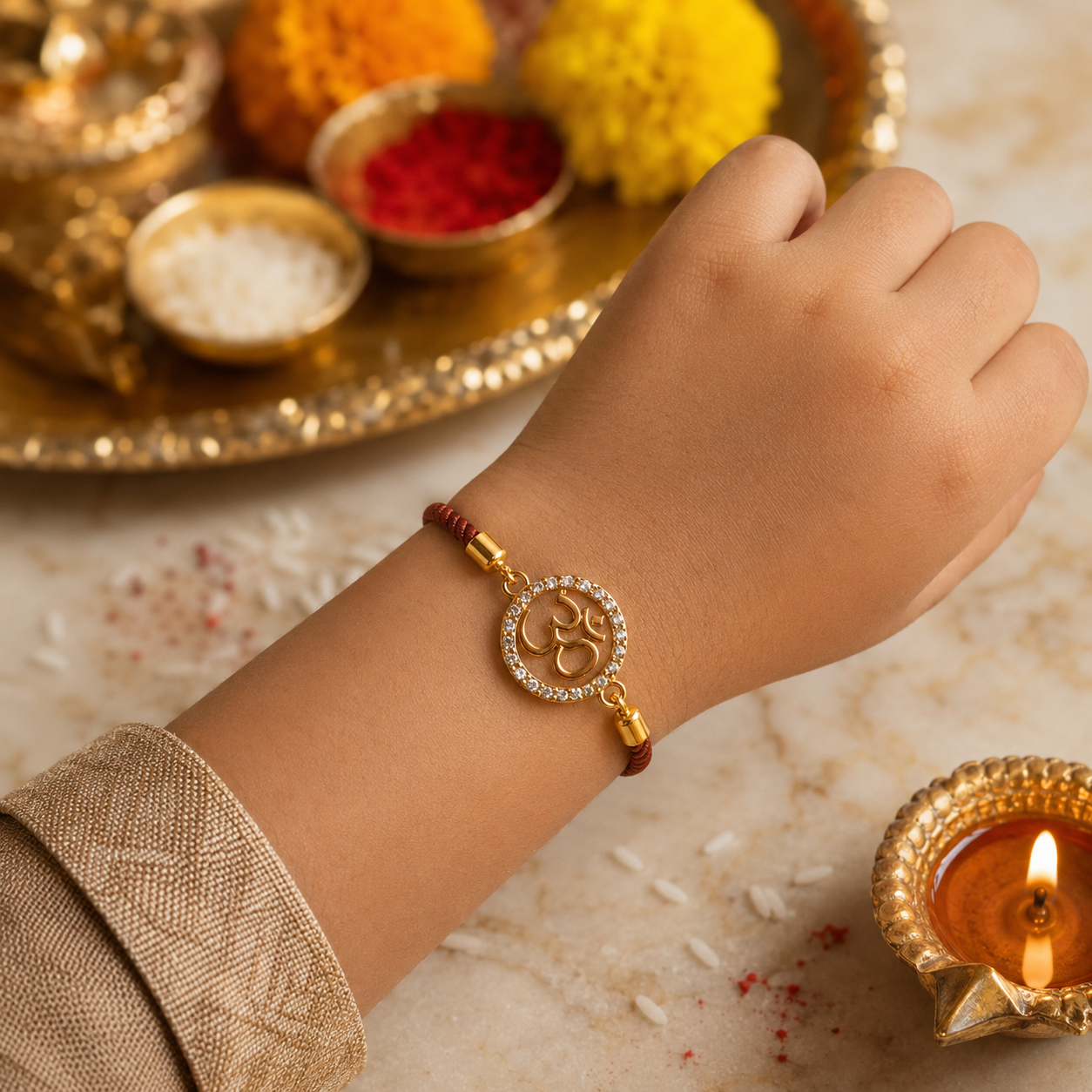 Om Crystal Rakhi with Premium Adjustable Braided Thread & Roli Chawal
