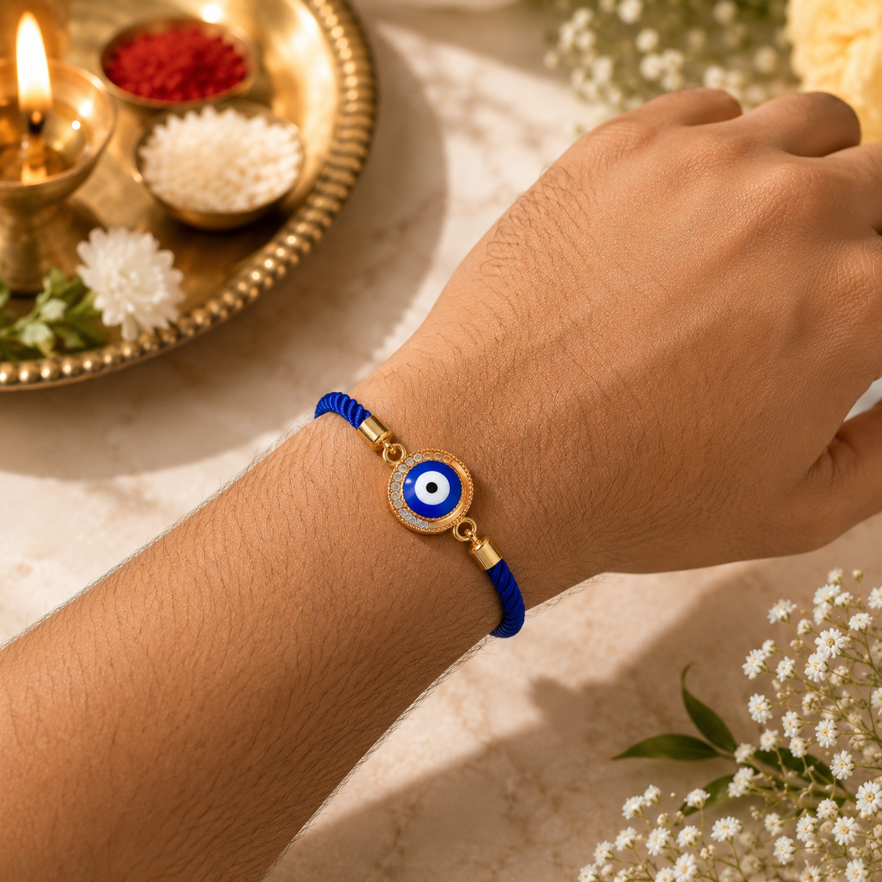 Crystal Evil Eye Rakhi with Premium Adjustable Thread & Roli Chawal