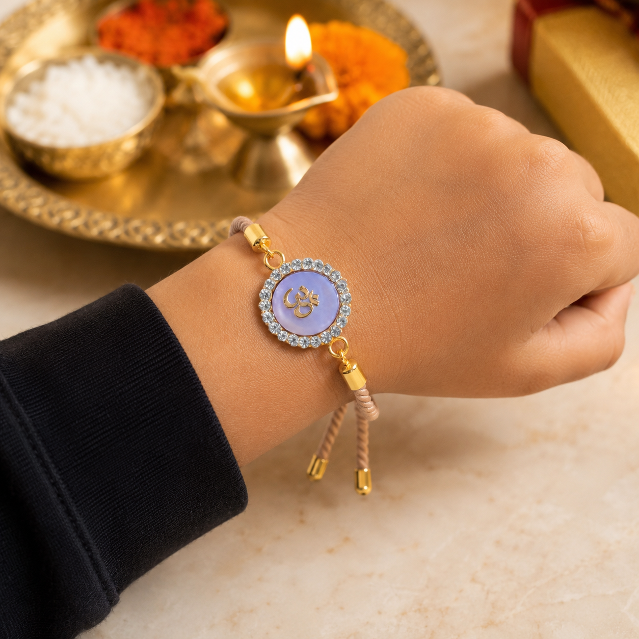 Om Swarovski Charm Bracelet Rakhi Assorted Colours Pack of 5 with Roli Chawal