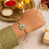 Om Swarovski Charm Bracelet Rakhi Assorted Colours Pack of 5 with Roli Chawal