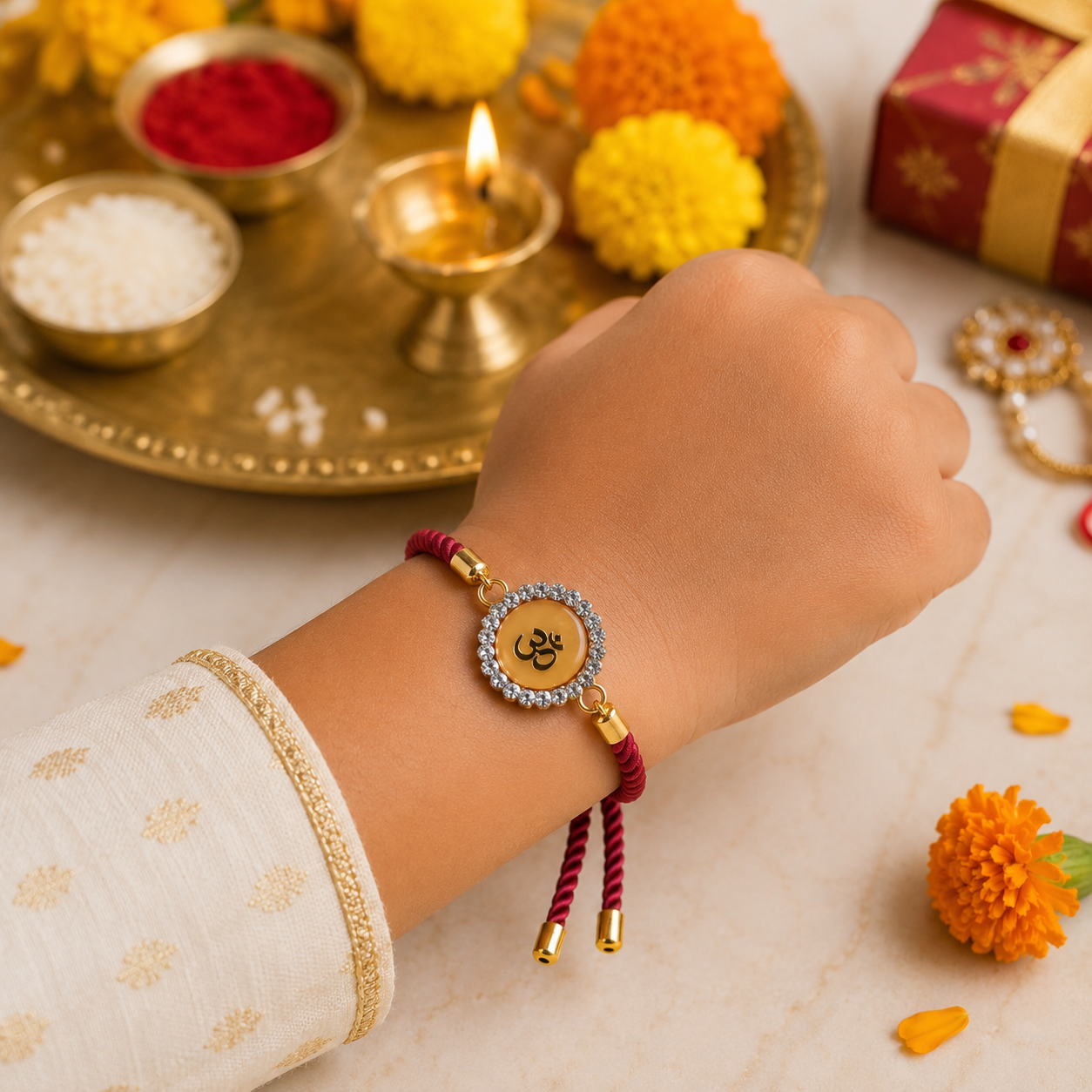 Om Swarovski Charm Bracelet Rakhi Assorted Colours Pack of 5 with Roli Chawal