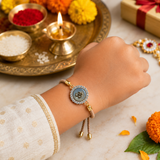 Om Swarovski Charm Bracelet Rakhi Assorted Colours Pack of 5 with Roli Chawal