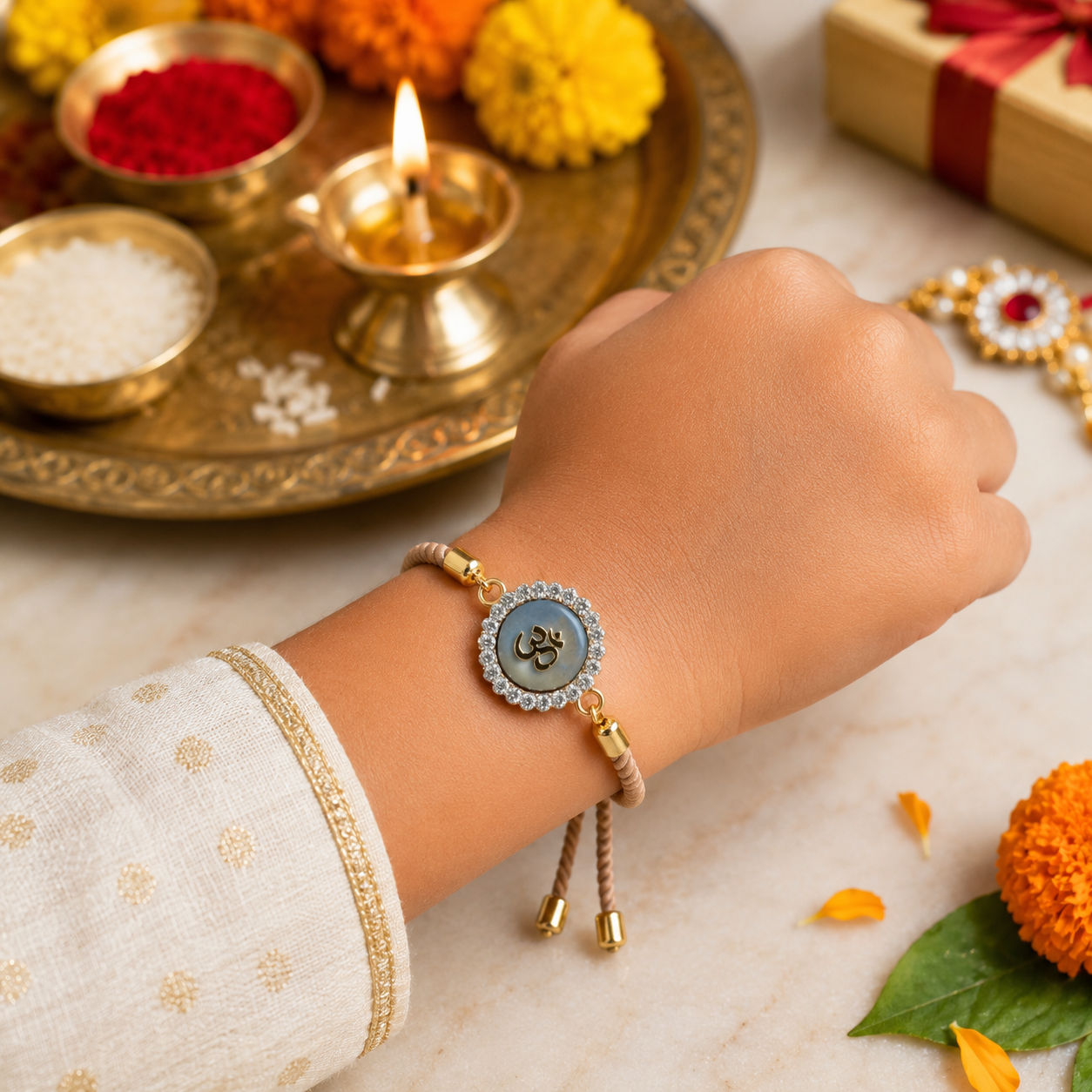 Om Swarovski Charm Bracelet Rakhi Assorted Colours Pack of 5 with Roli Chawal