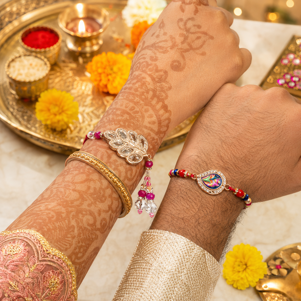 Swarovski Leaf Rakhi & Lumba Set for Bhaiya Bhabhi  (Roli + Chawal)
