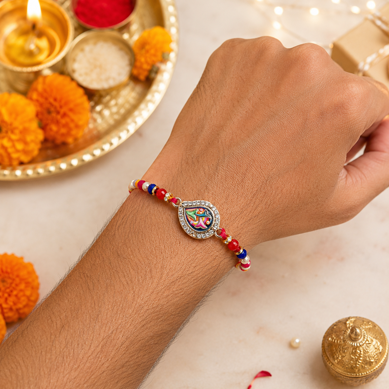 Swarovski Leaf Rakhi with Beaded Thread for Brother (Roli + Chawal)