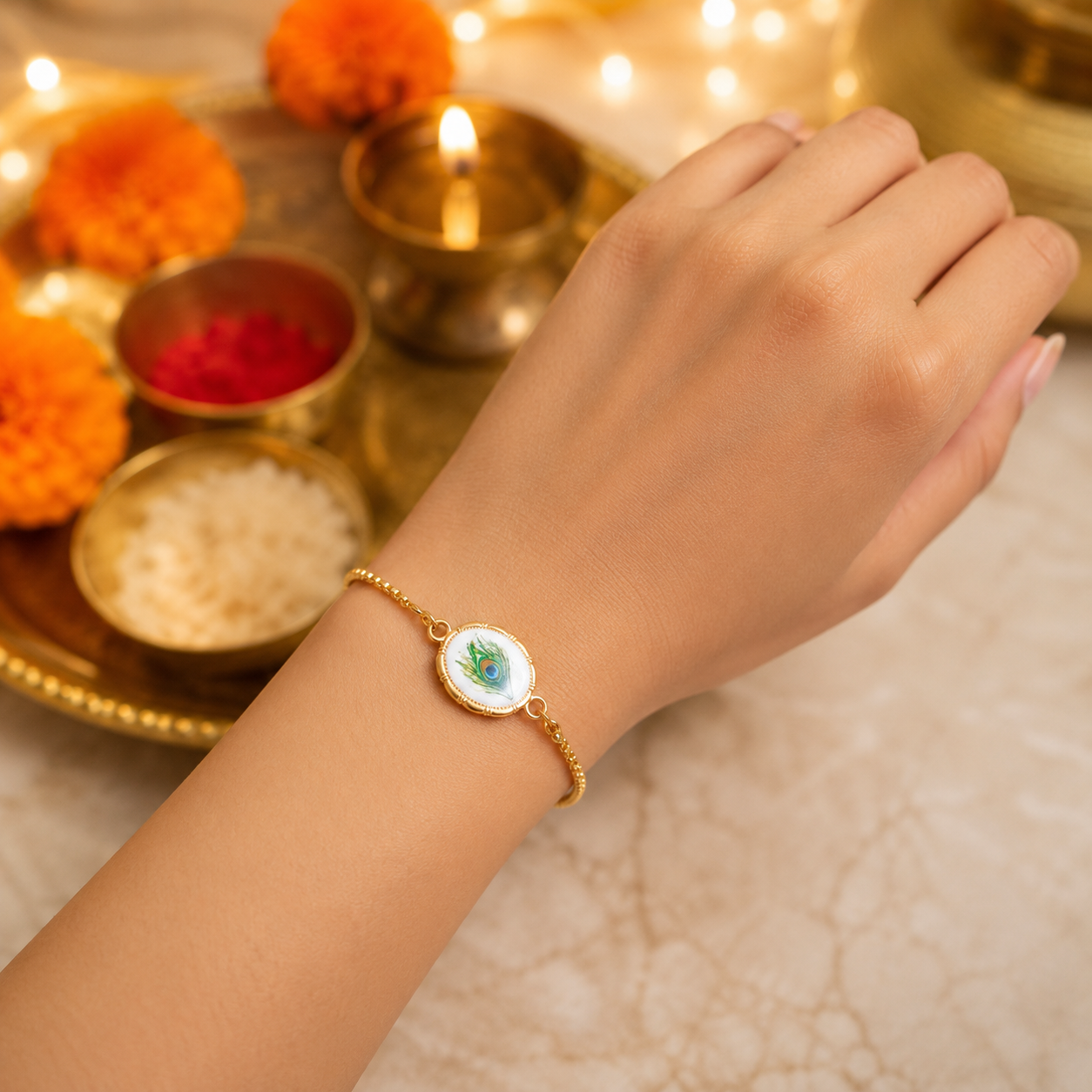 Mor Pankh Ajdustable Bracelet Rakhi for Sister & Bhabhi (Roli + Chawal)