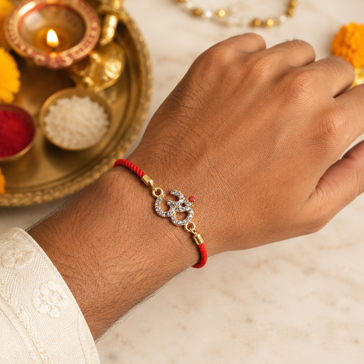 OM Rakhi for Bhai Swarovski Studded with Adjustable Thread & Roli Chawal