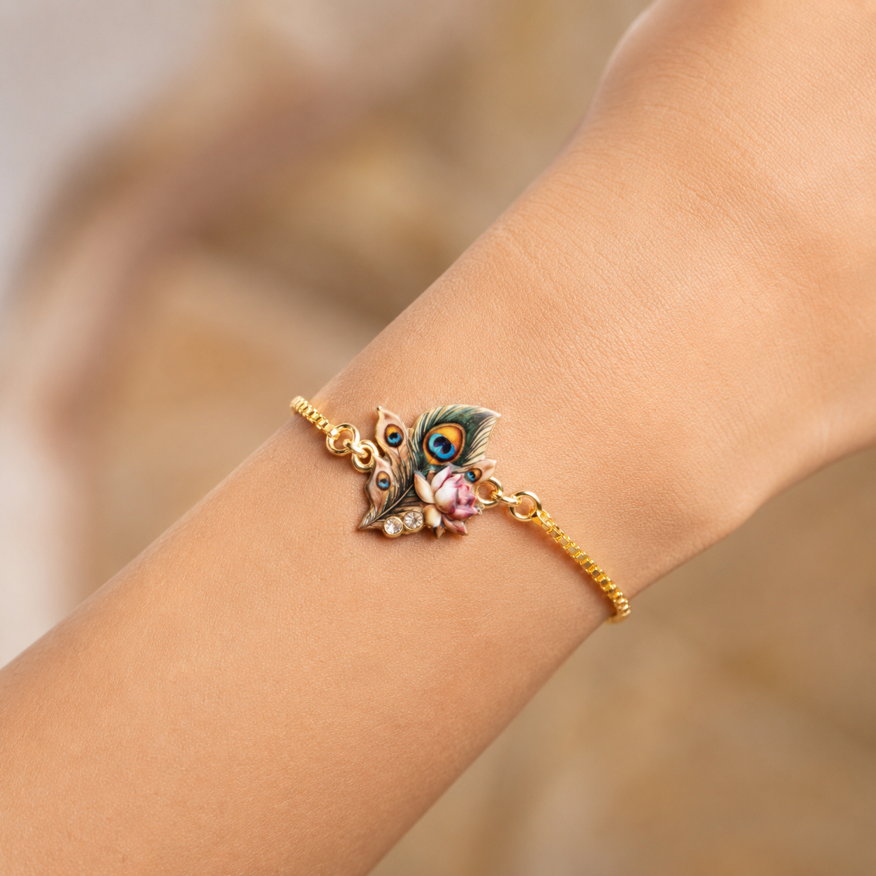 Peacock Feather with Lotus Bracelet Rakhi Set for Sister & Bhabhi with Roli Chawal