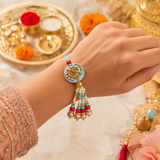 Blue Kundan Flute Lumba Rakhi for Bhabhi With Roli Chawal