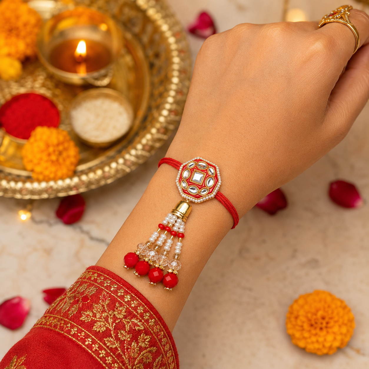 Red Kundan Lumba for Bhabhi With Roli Chawal