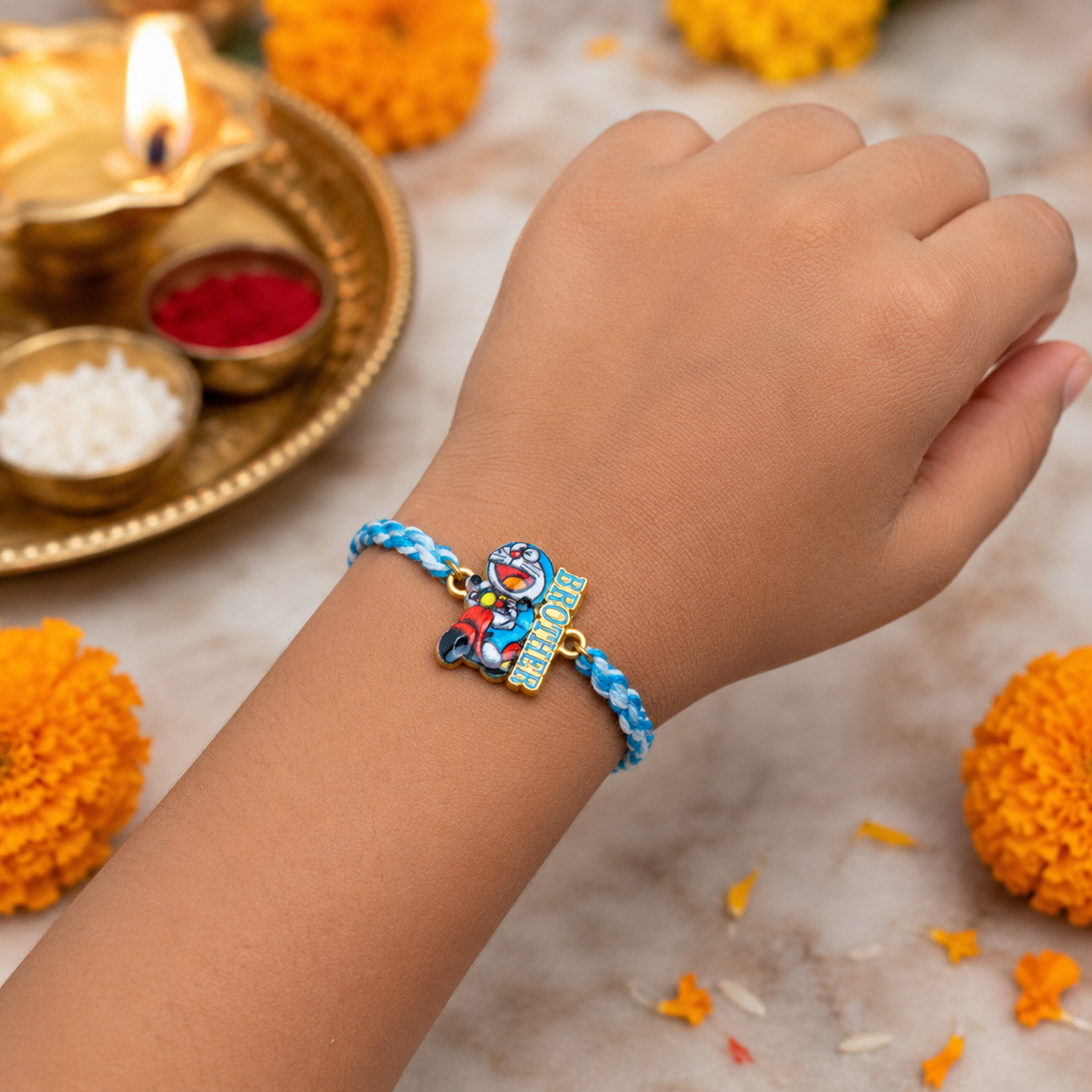 Kids Doraemon Thread Rakhi of Silicon with Roli Chawal
