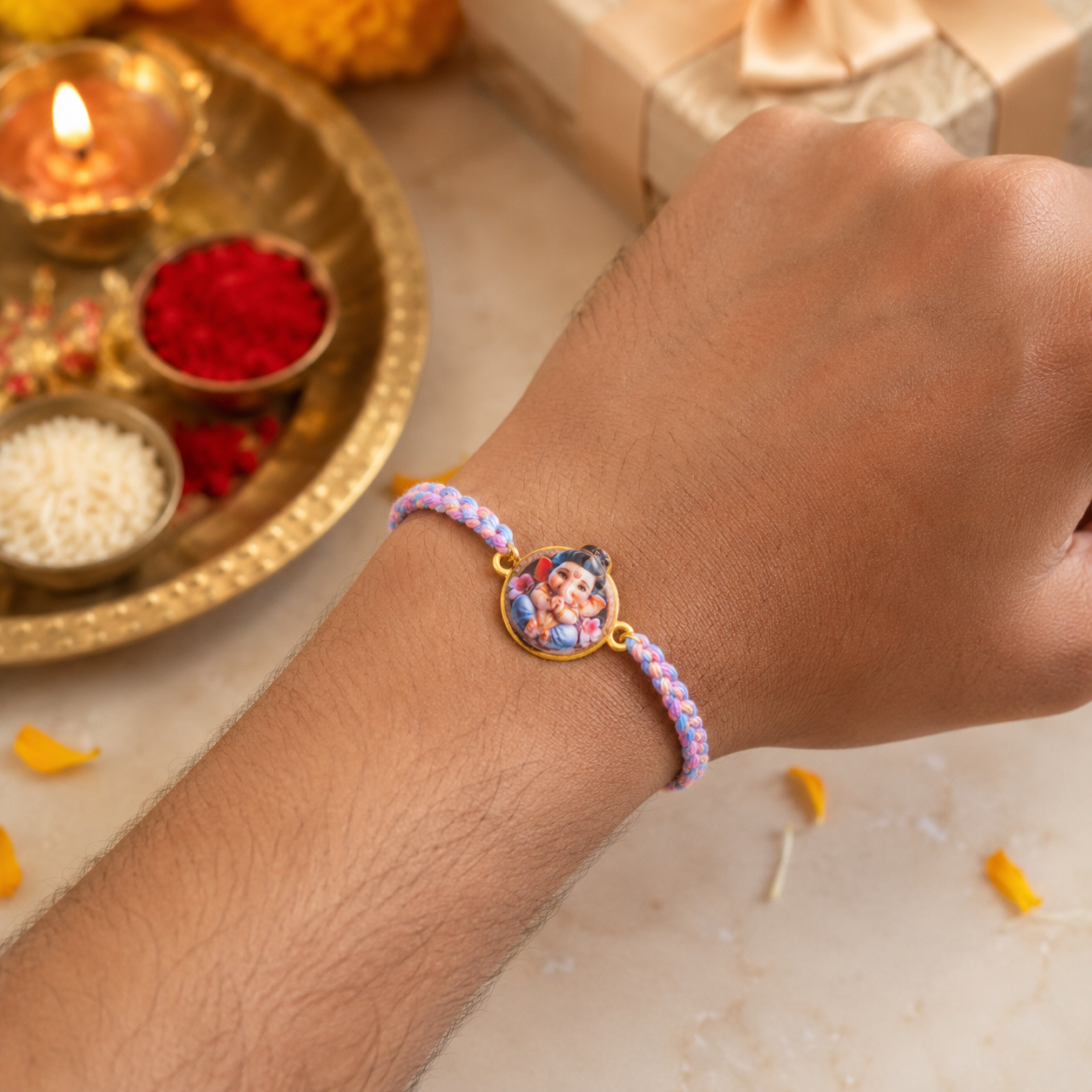 Kids Bal Ganesha Rakhi in Coral & Thread With Roli Chawal