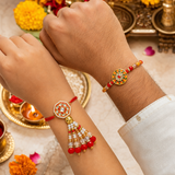 Meenakari Yellow Rakhi with Red Lumba for Bhaiya Bhabhi (Roli + Chawal)