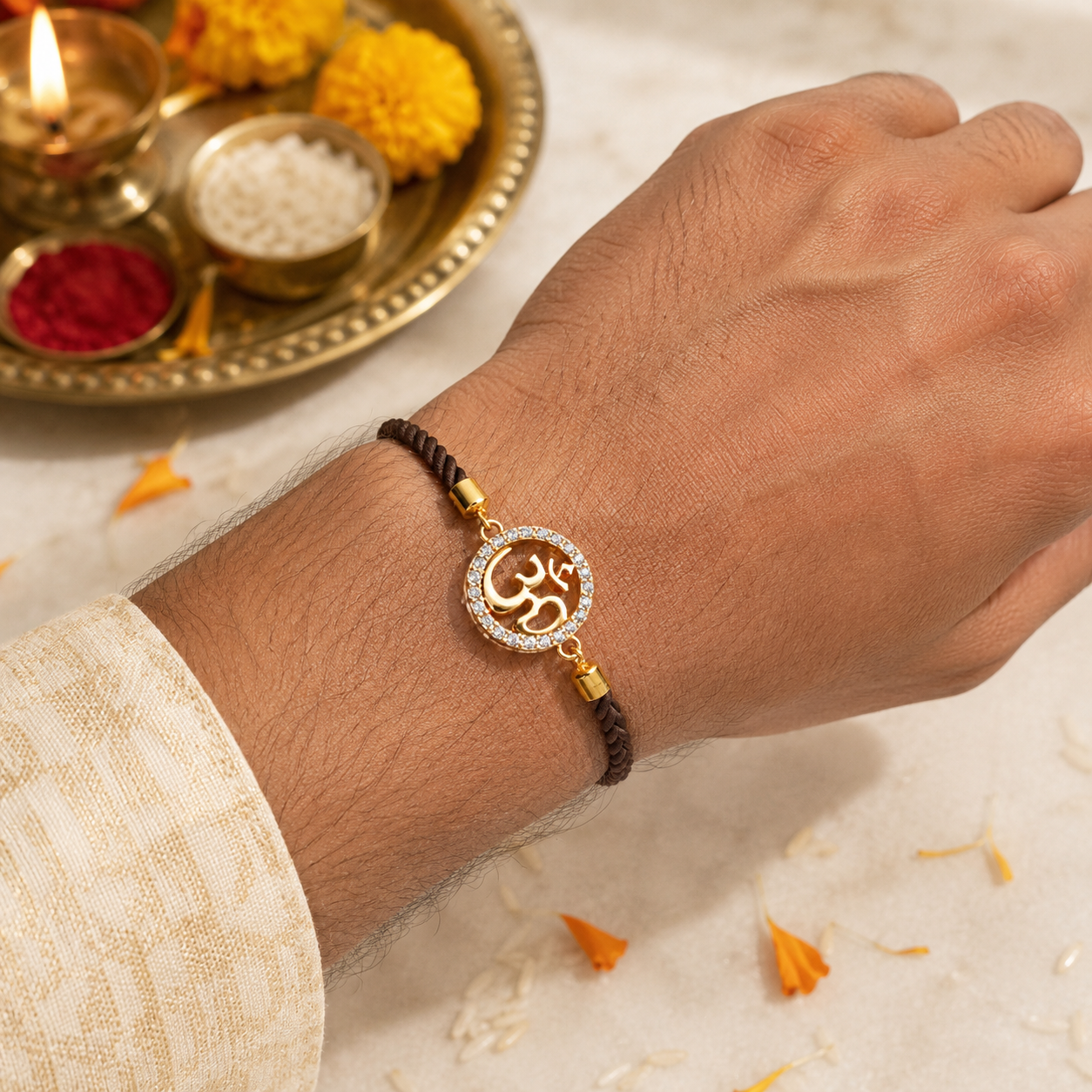 OM Rakhi with Swarovski & Gold Plating with Adjustable Thread With Roli Chawal (Pack of 2)