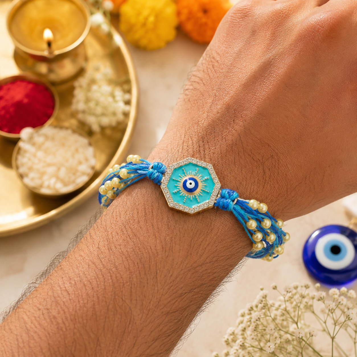 Turquoise Evil Eye Pearl Designer Rakhi with Roli Chawal