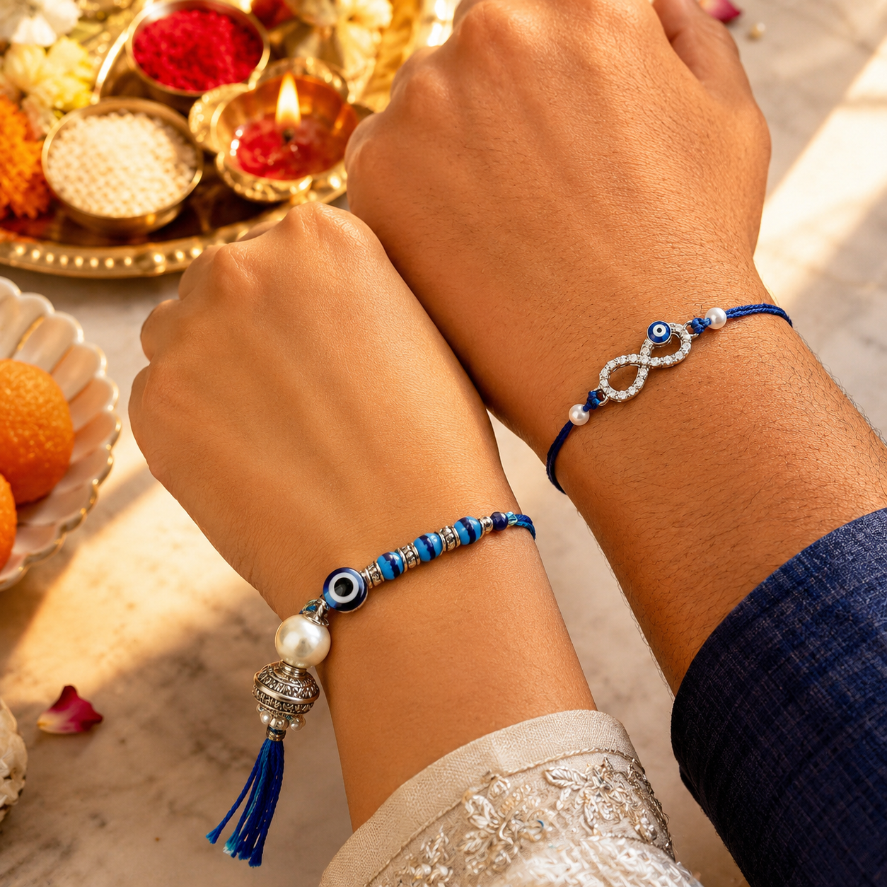 Evil Eye Infinity Rakhi with Evil Eye Lumba Combo for Bhaiya Bhabhi  (Roli + Chawal)
