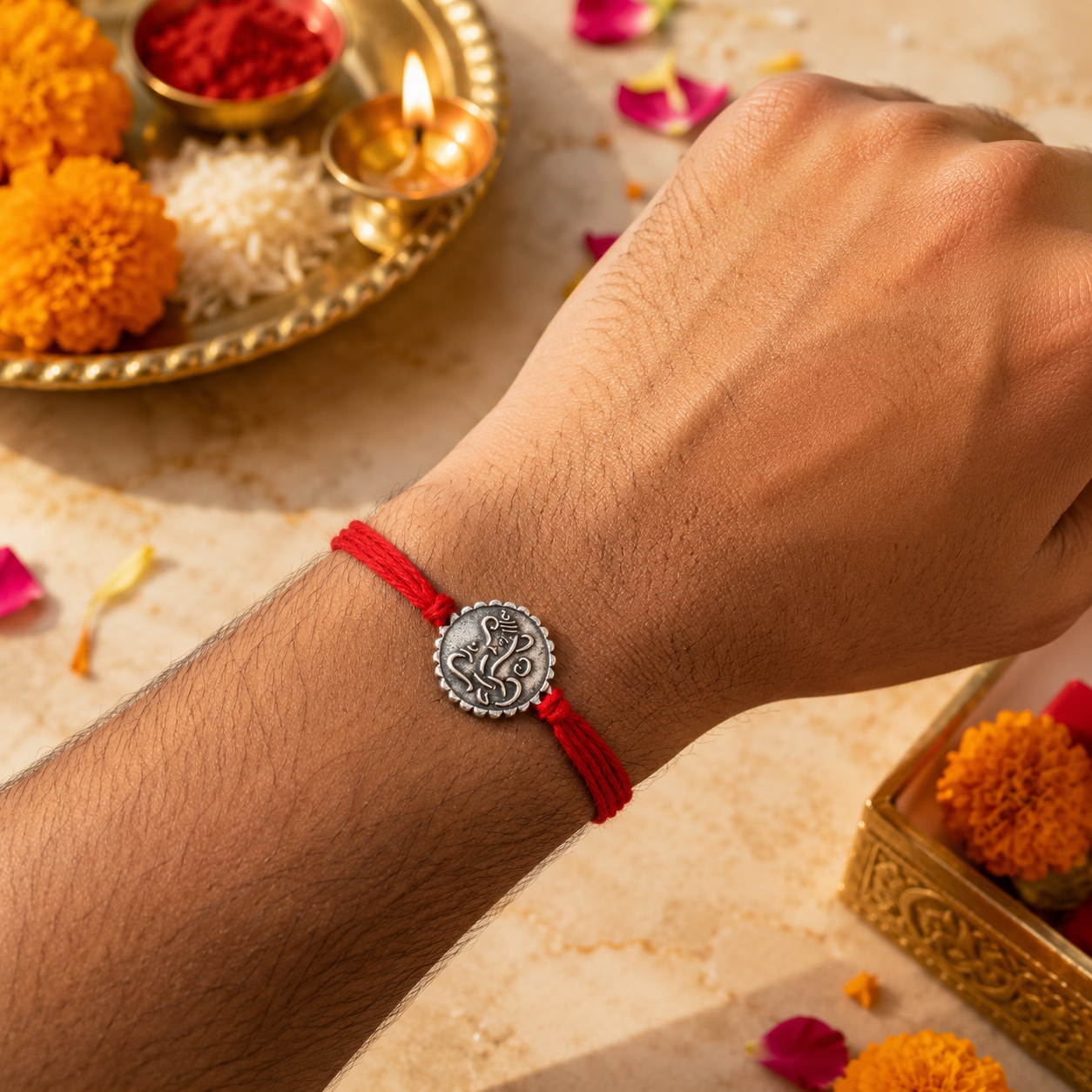 Ganesha Round Base Thread Rakhi for Brother (Silver Oxidized) with Roli Chawal