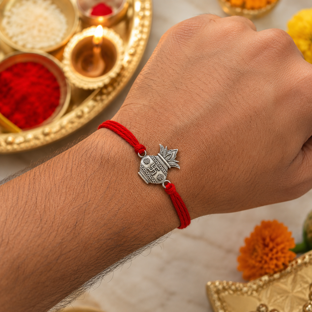 Kalash Silver Oxidized Thread Rakhi for Brother with Roli Chawal
