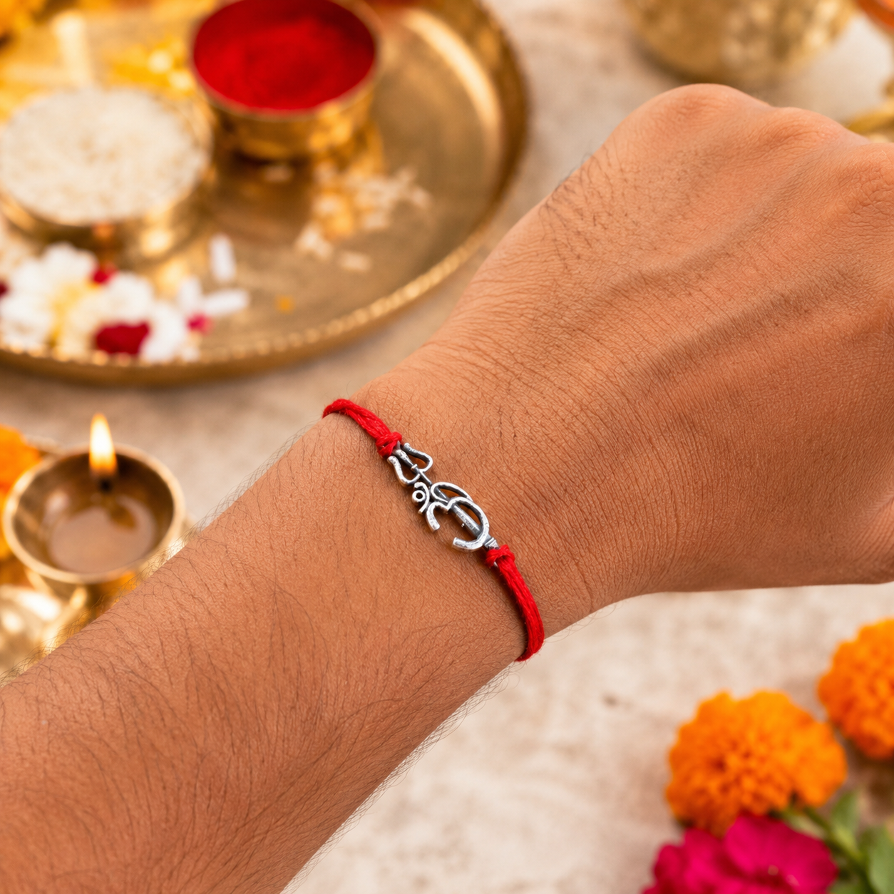 Silver OM,OM Trishul Rakhi Pack of 2 (Roli+Chawal)