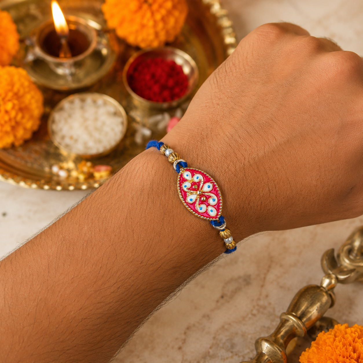 Enamel Charm Thread Rakhi Assorted Colours Pack of 3 with Roli Chawal