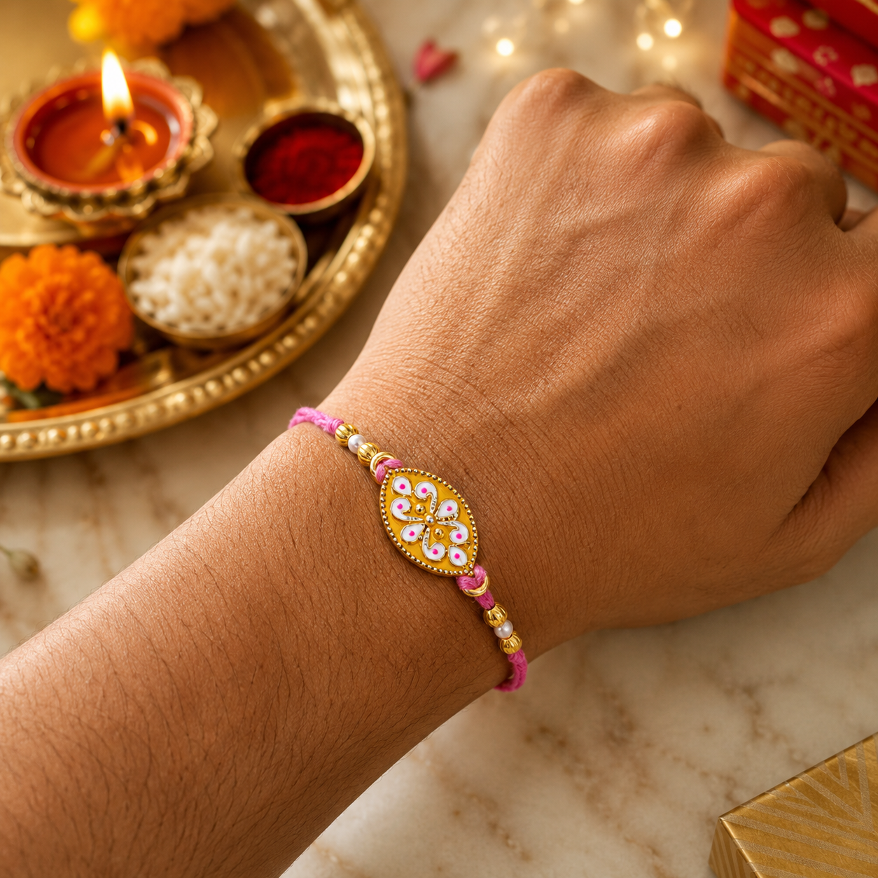 Enamel Charm Thread Rakhi Assorted Colours Pack of 3 with Roli Chawal