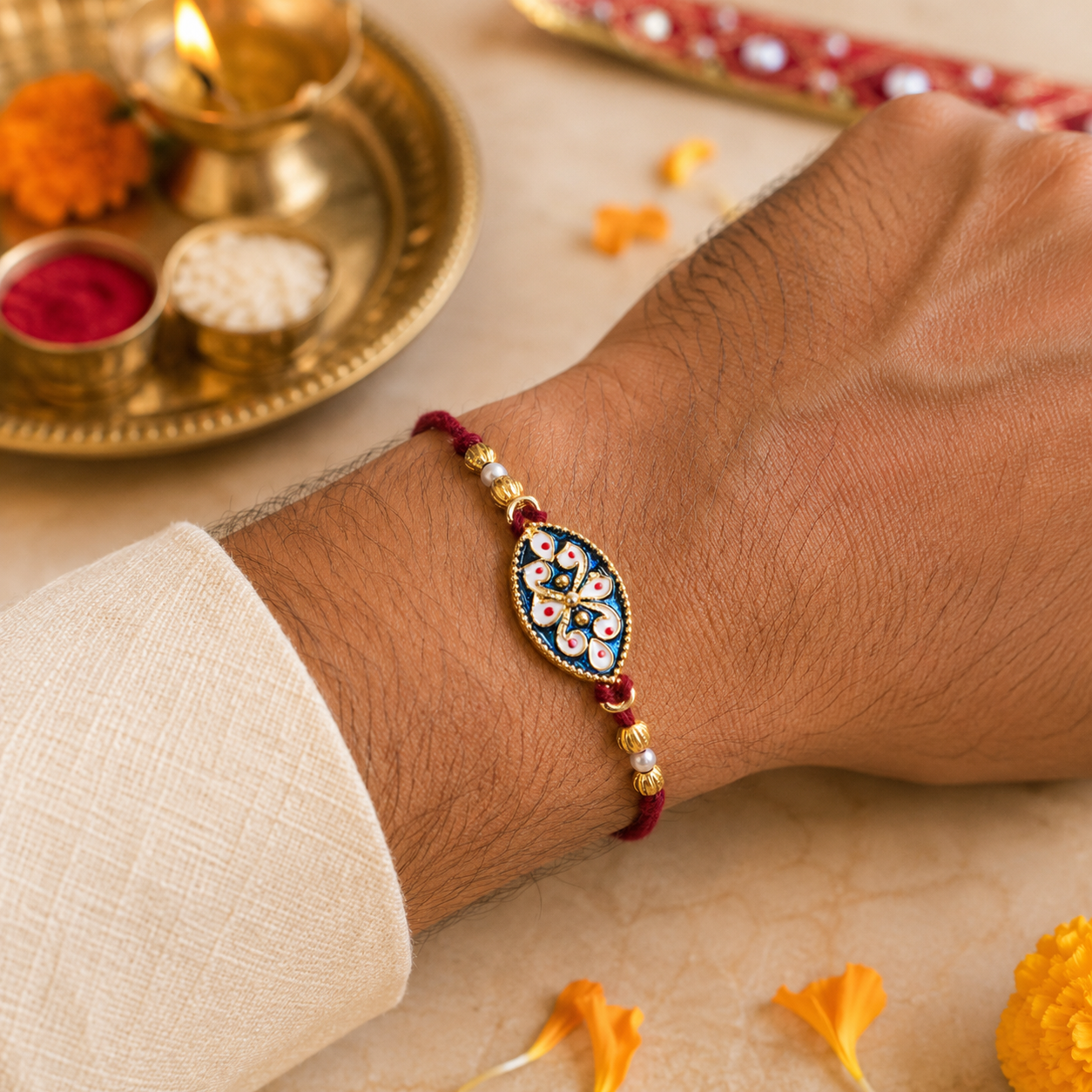 Enamel Charm Thread Rakhi Assorted Colours Pack of 3 with Roli Chawal