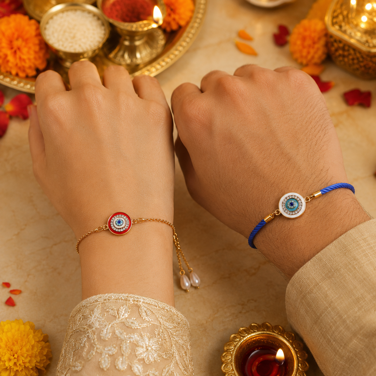 Red & Sky Blue Evil Eye Bracelet Combo Rakhi For Bhaiya Bhabhi (Roli+Chawal)