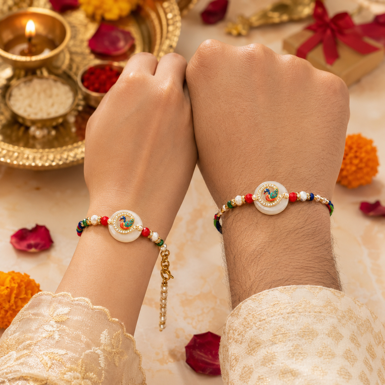 Peacock on Oval White Base Rakhi & Bracelet Lumba Set for Bhaiya Bhabhi  (Roli + Chawal)