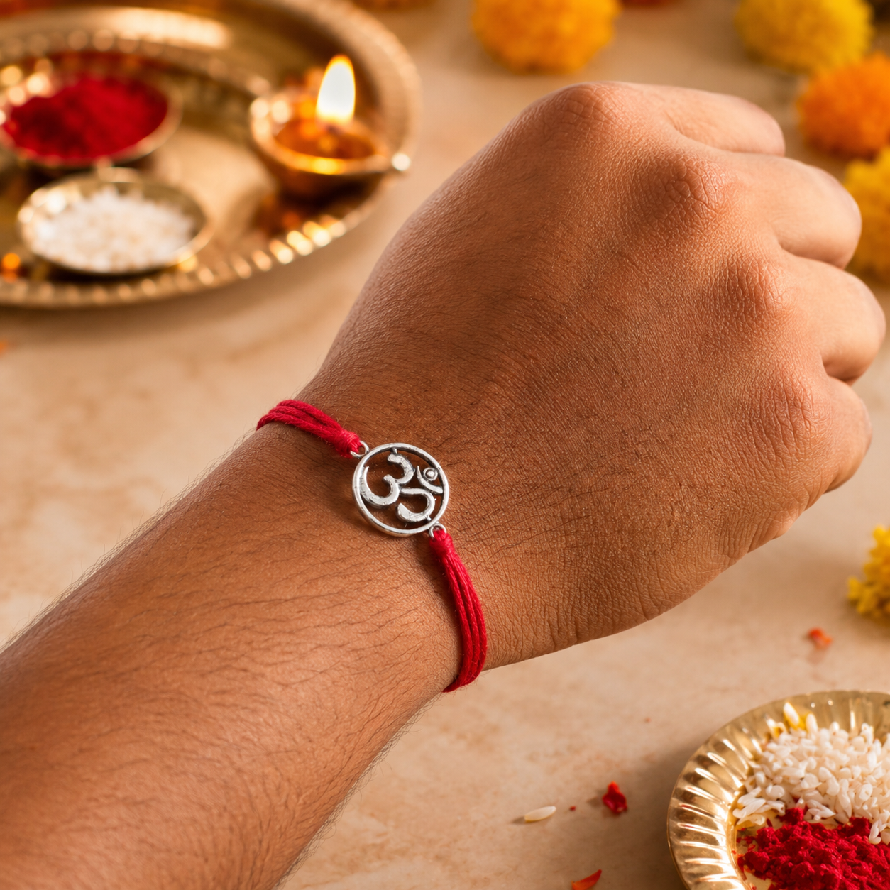 Silver OM,OM Trishul Rakhi Pack of 2 (Roli+Chawal)