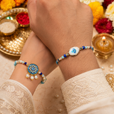 Evil Eye Rakhi Combo for Bhaiya & Bhabhi Thread Rakhi & Lumba with Pearls & Crystals with Roli Chawal