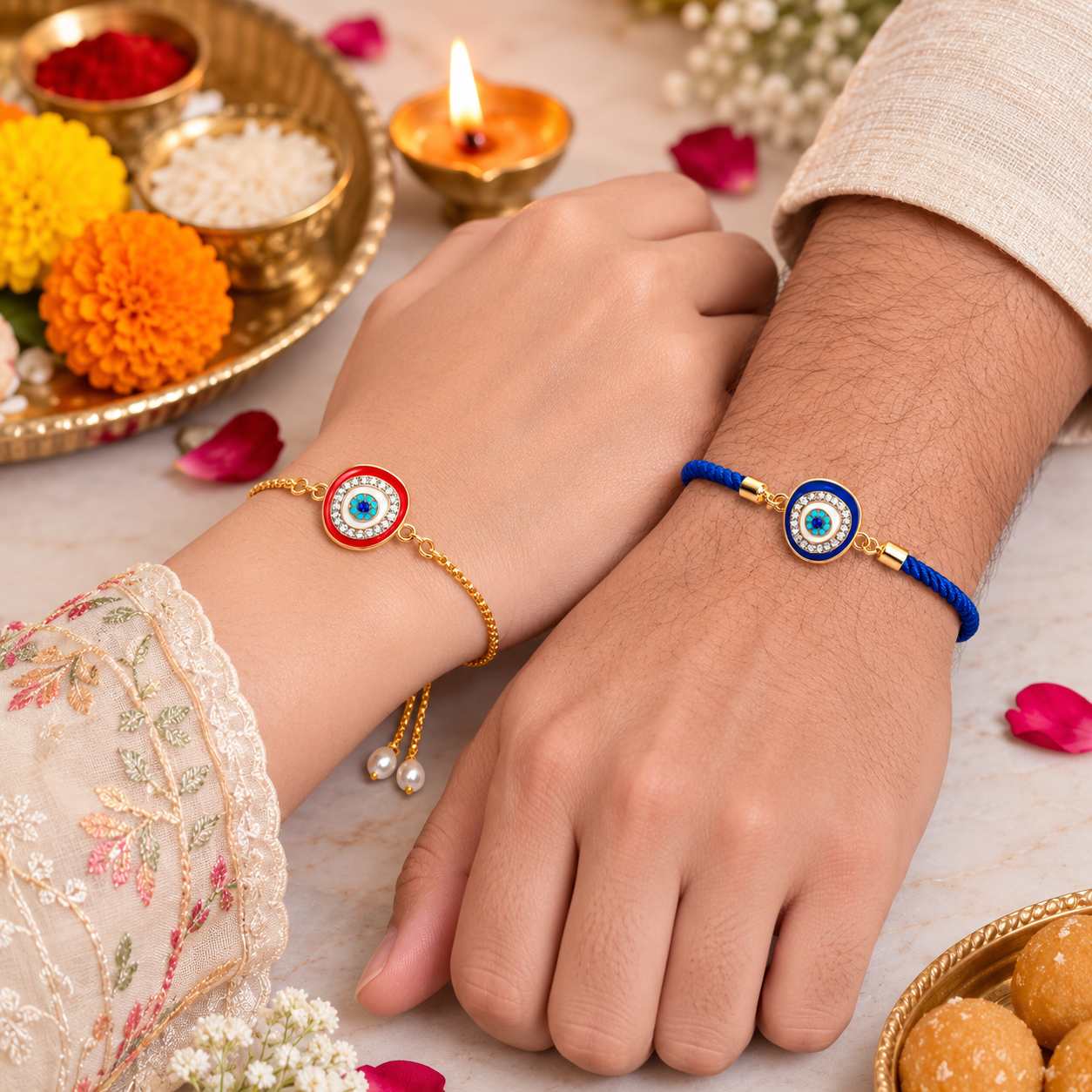 Red & Navy Blue Evil Eye Bracelet Combo Rakhi For Bhaiya Bhabhi (Roli+Chawal)