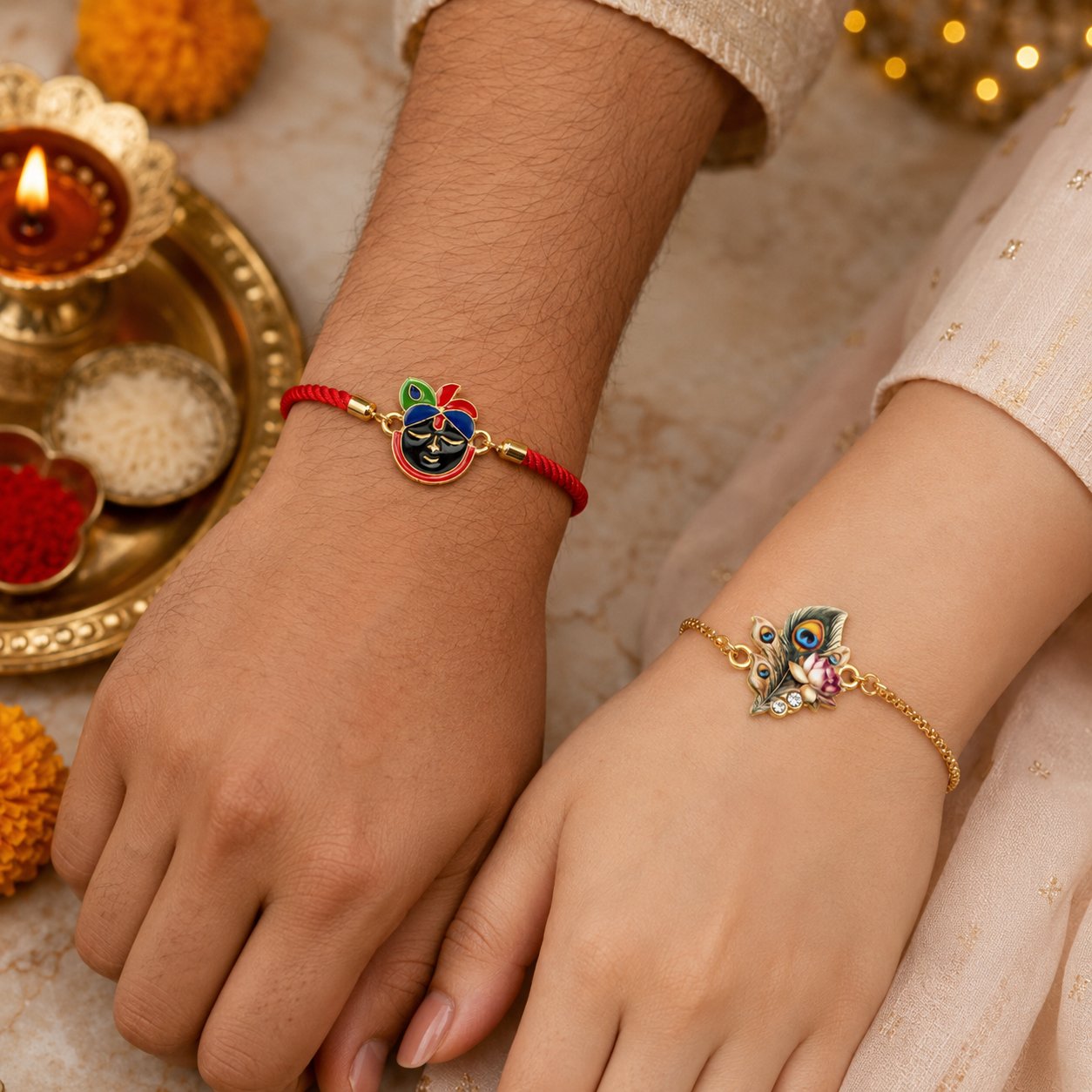 Srinath & PeacockFeather with Lotus Thread Rakhi for Bhaiya Bhabhi (Roli + Chawal)