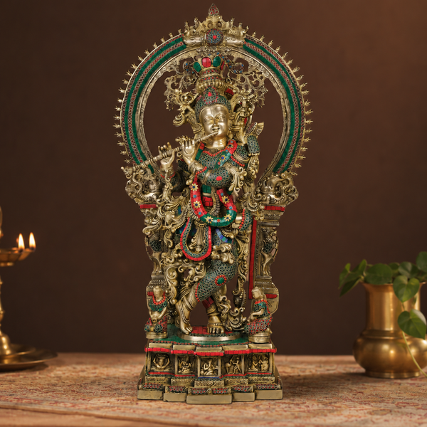 Brass Large Krishna Statue With Stone Work