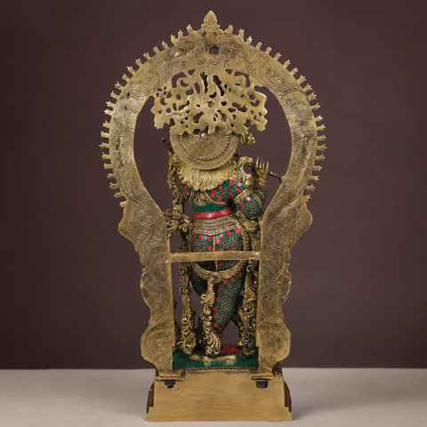 Brass Large Krishna Statue With Stone Work