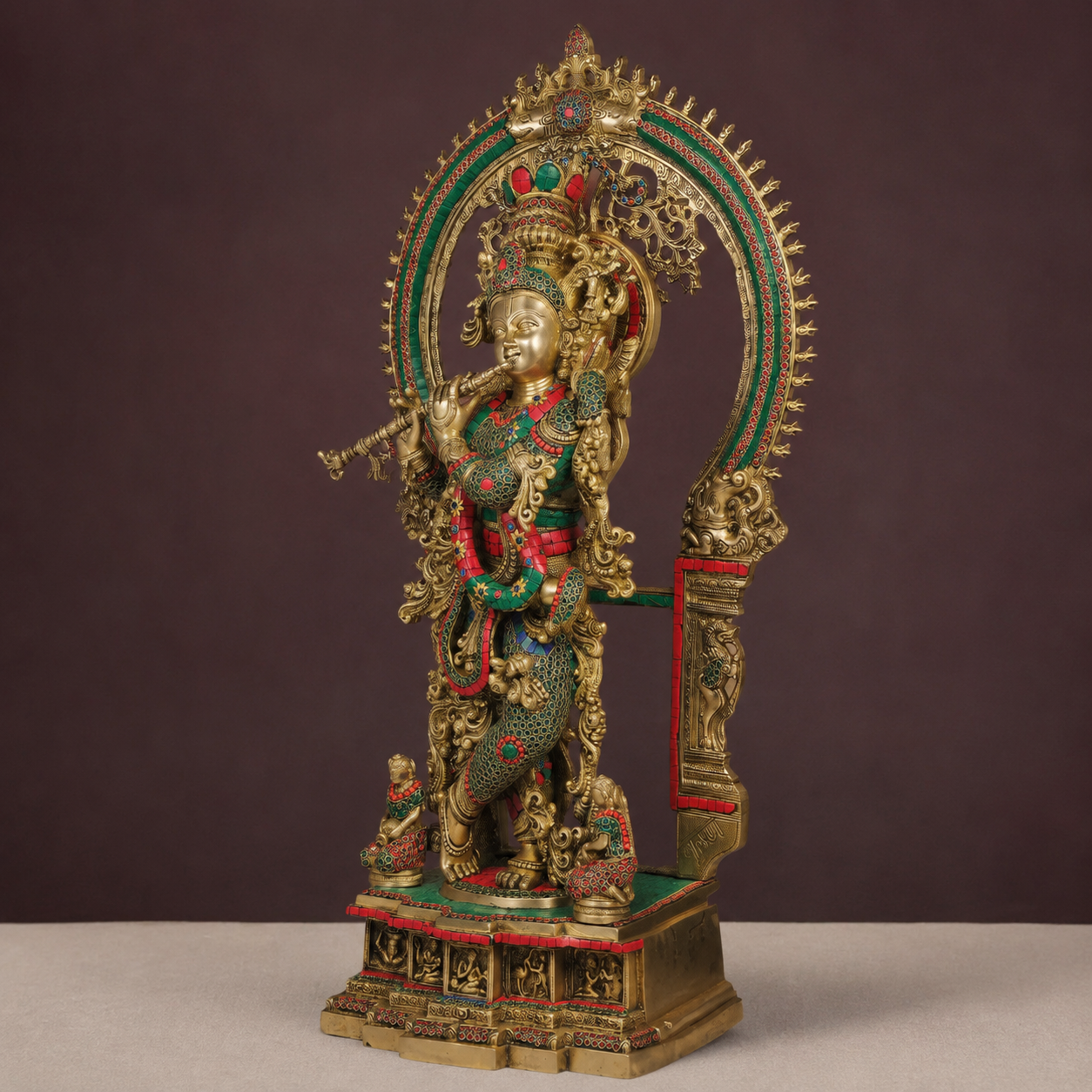 Brass Large Krishna Statue With Stone Work