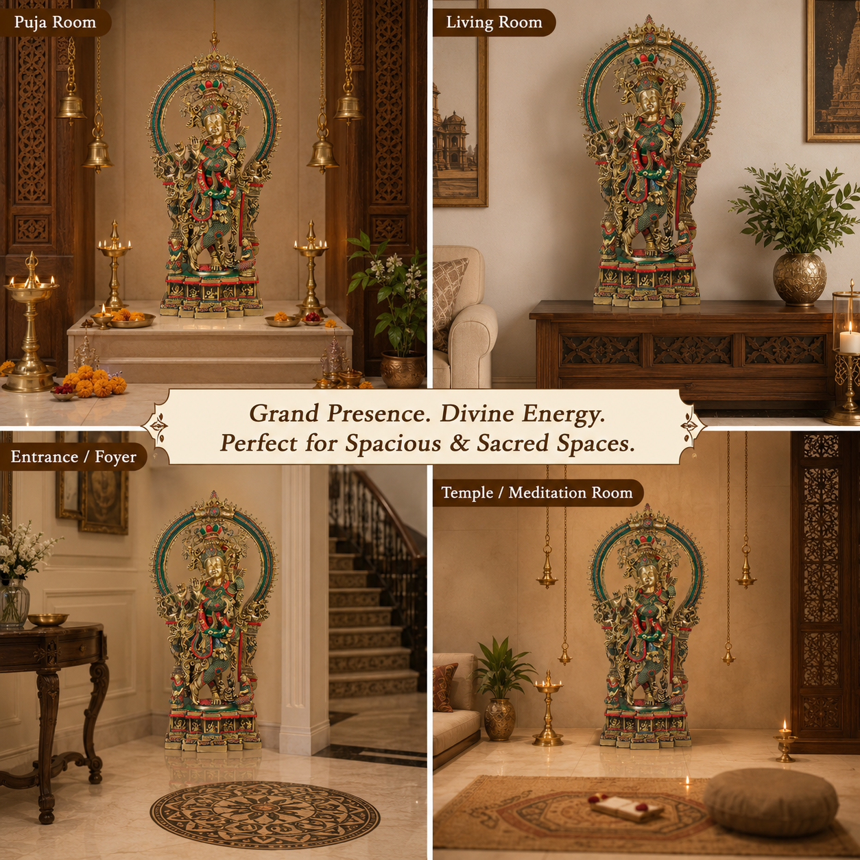 Brass Large Krishna Statue With Stone Work
