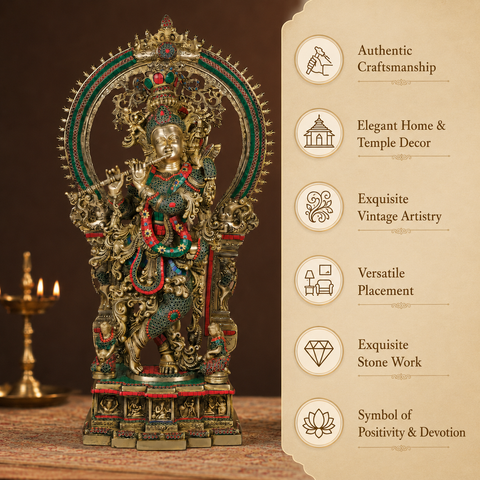 Brass Large Krishna Statue With Stone Work