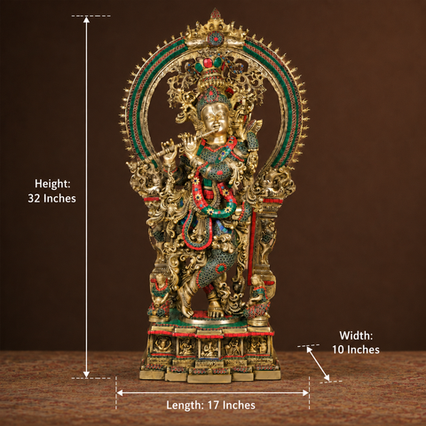 Brass Large Krishna Statue With Stone Work