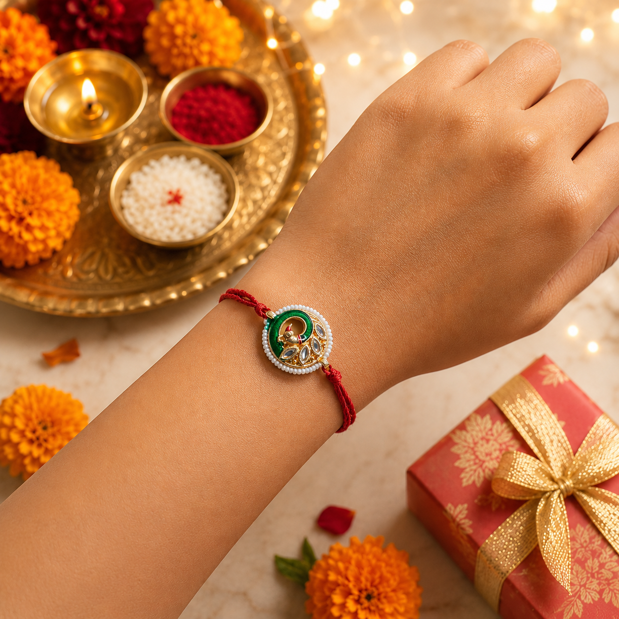 Morni Jadau Thread Rakhi Assorted Colours Pack of 3 with Roli Chawal