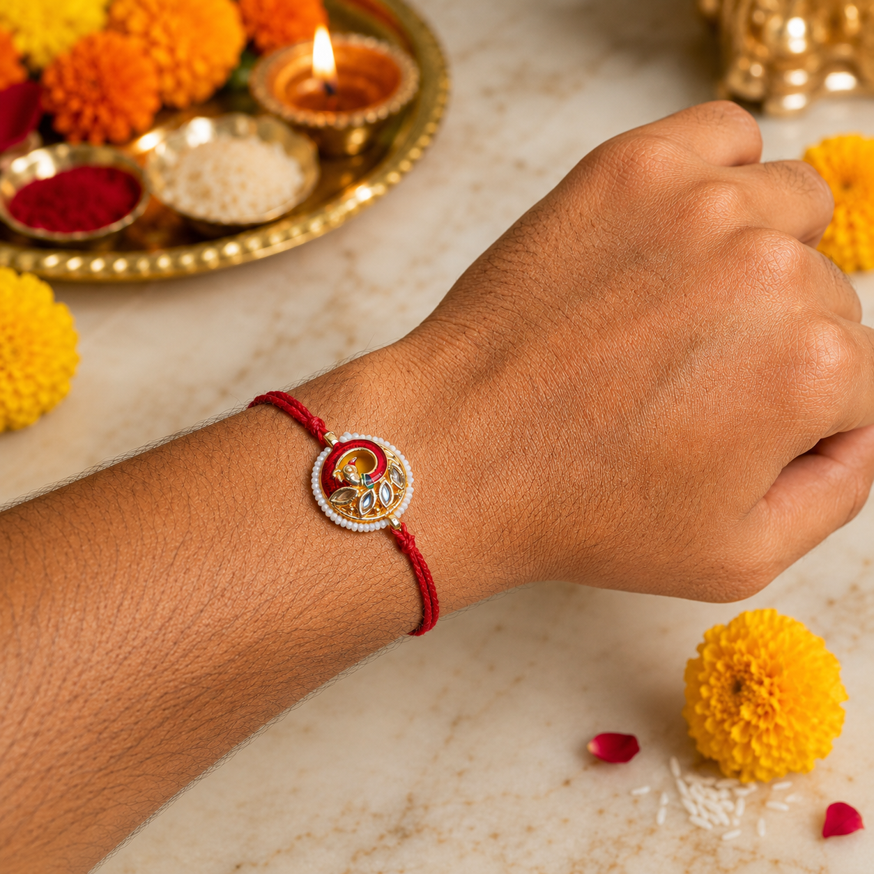 Morni Jadau Thread Rakhi Assorted Colours Pack of 3 with Roli Chawal