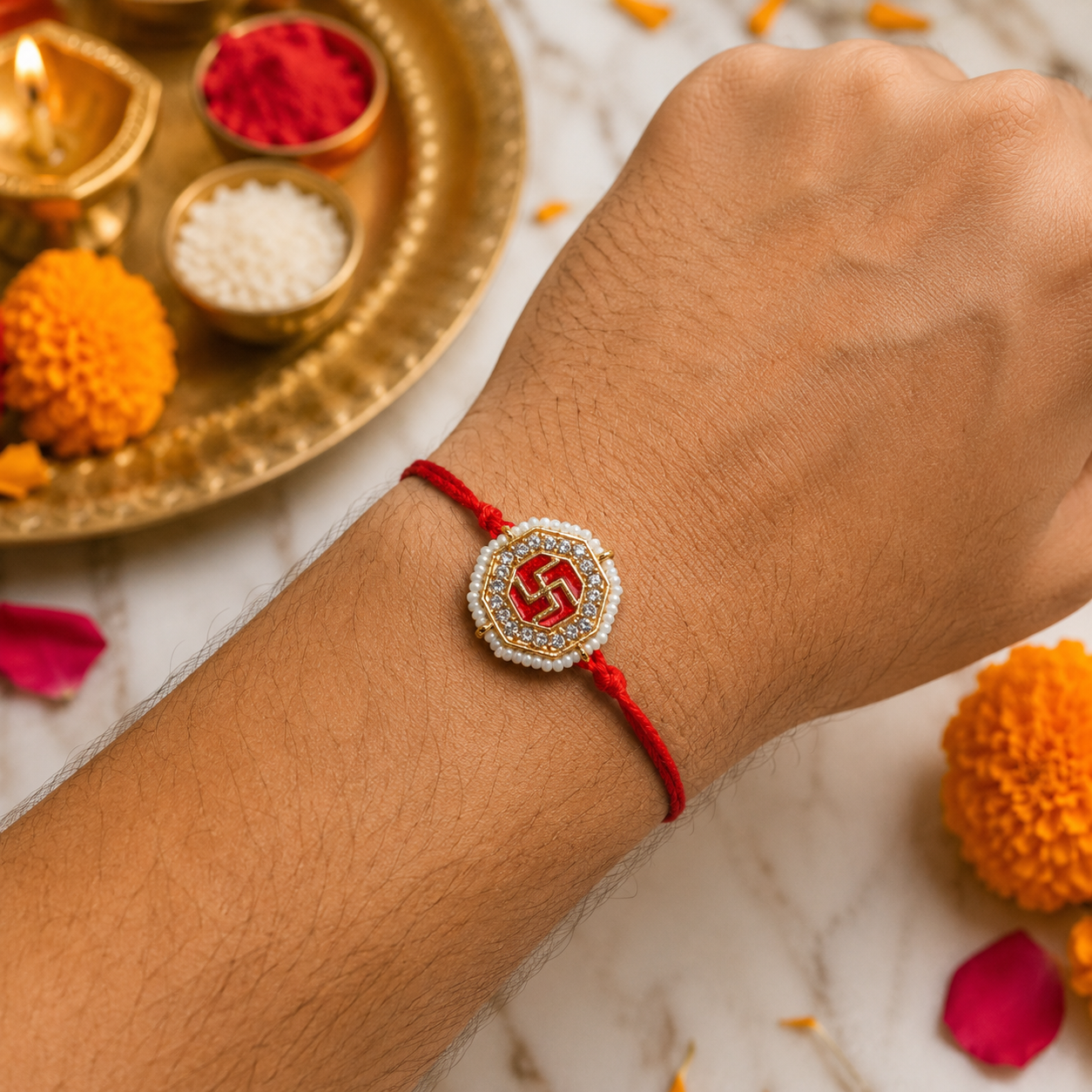 Swastik Charm Thread Rakhi Assorted Colours Pack of 3 with Roli Chawal