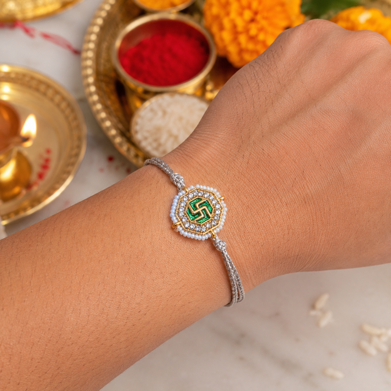 Swastik Charm Thread Rakhi Assorted Colours Pack of 3 with Roli Chawal