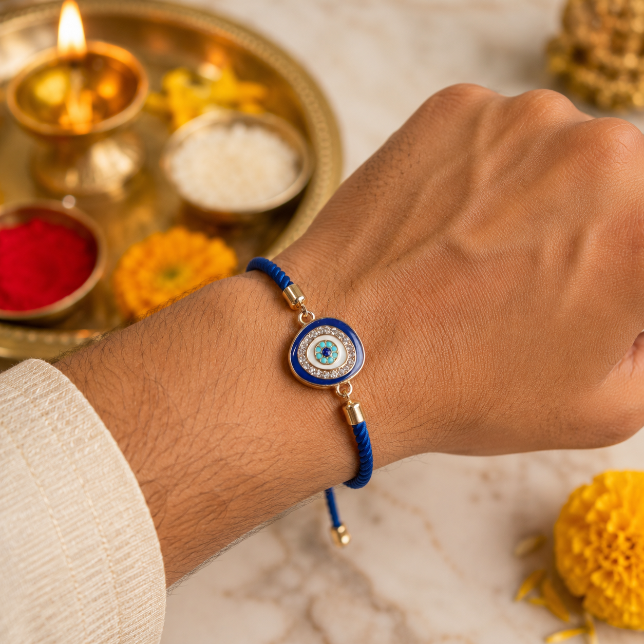 Evil Eye Adjustable Bracelet Rakhi Assorted Colours Pack of 3 with Roli Chawal