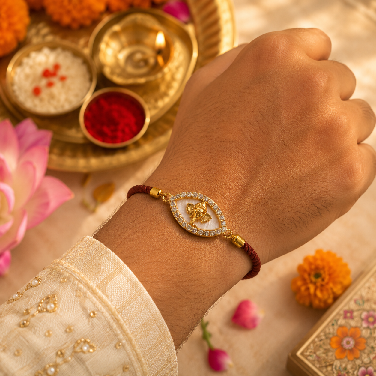 Divine Ganesha Adjustable Rakhi with Crystal Accents with Roli Chawal