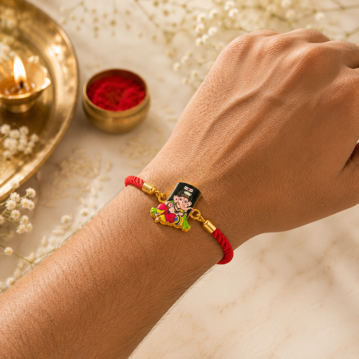 Ganesha Designer Rakhi with Adjustable Bracelet with Roli Chawal
