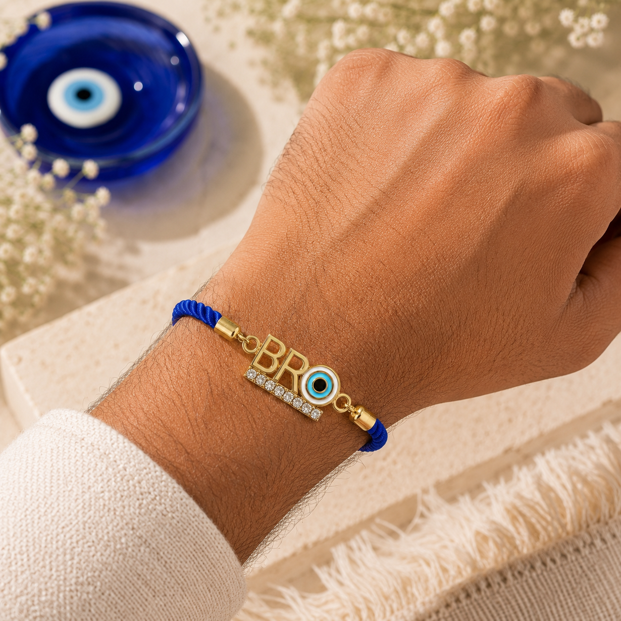 BRO Evil Eye Crystal Designer Rakhi with Premium Adjustable Thread with Roli Chawal