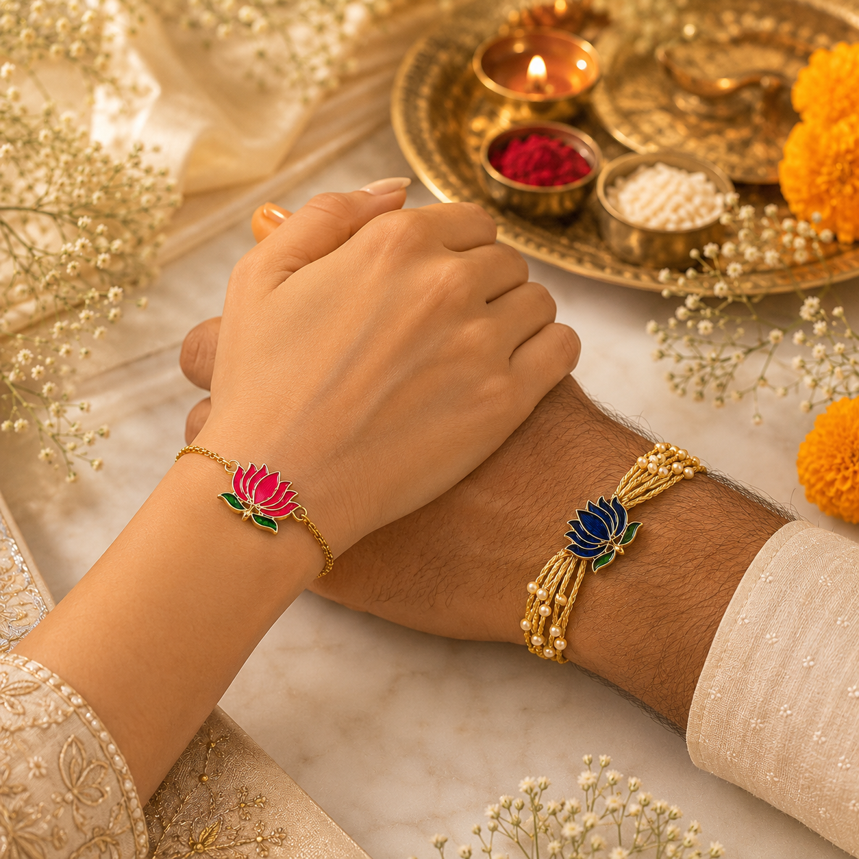 Lotus Designer Bhaiya Bhabhi Rakhi with Premium Adjustable Thread – Set of 2 with Roli Chawal