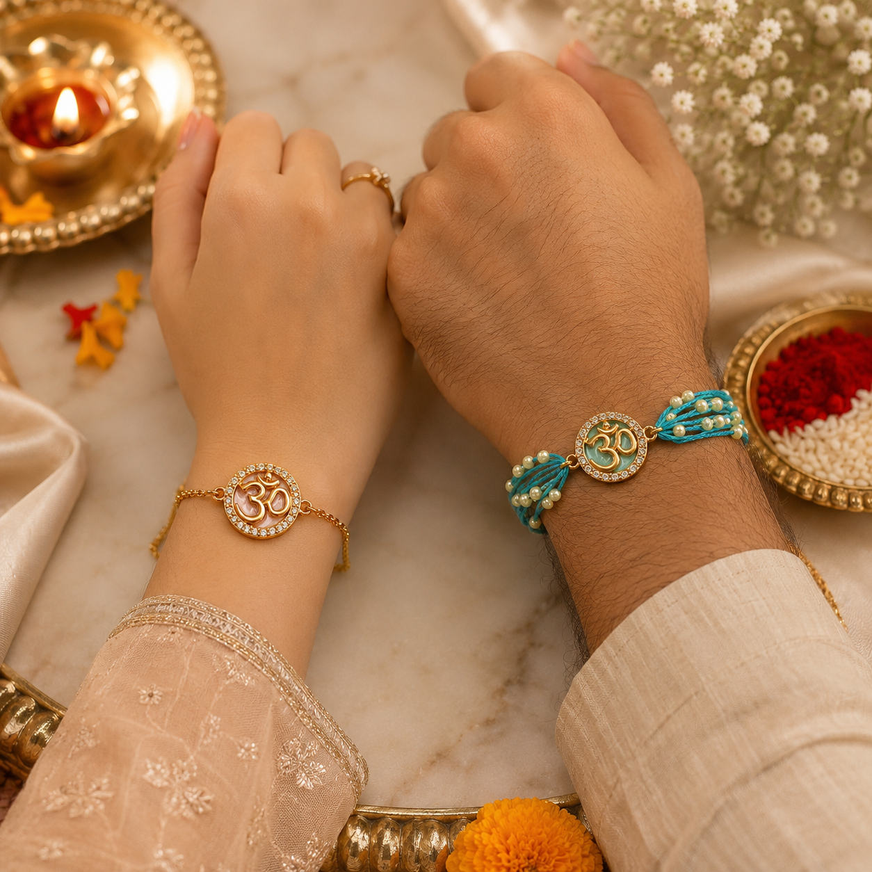 Om Designer Bhaiya Bhabhi Rakhi Set of 2 with Premium Adjustable Thread with Roli Chawal