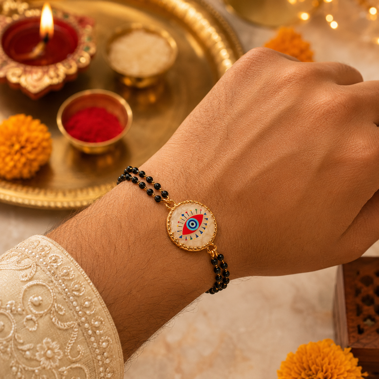 Evil Eye Designer Rakhi Collection Set of 3 with Premium Adjustable Thread with Roli Chawal